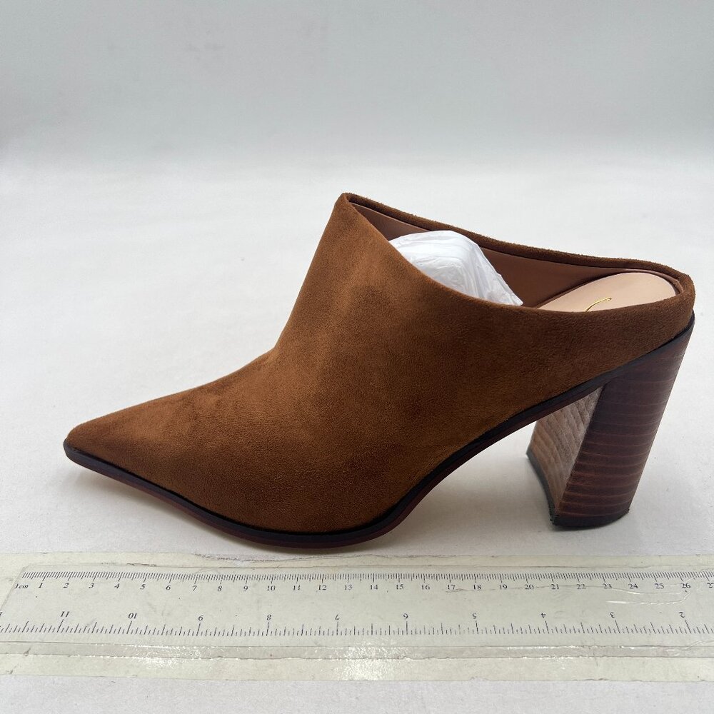 FOWT Brown Pointed Toe Slip On Mules Stacked Block High Heel Sandal Proms Shoes